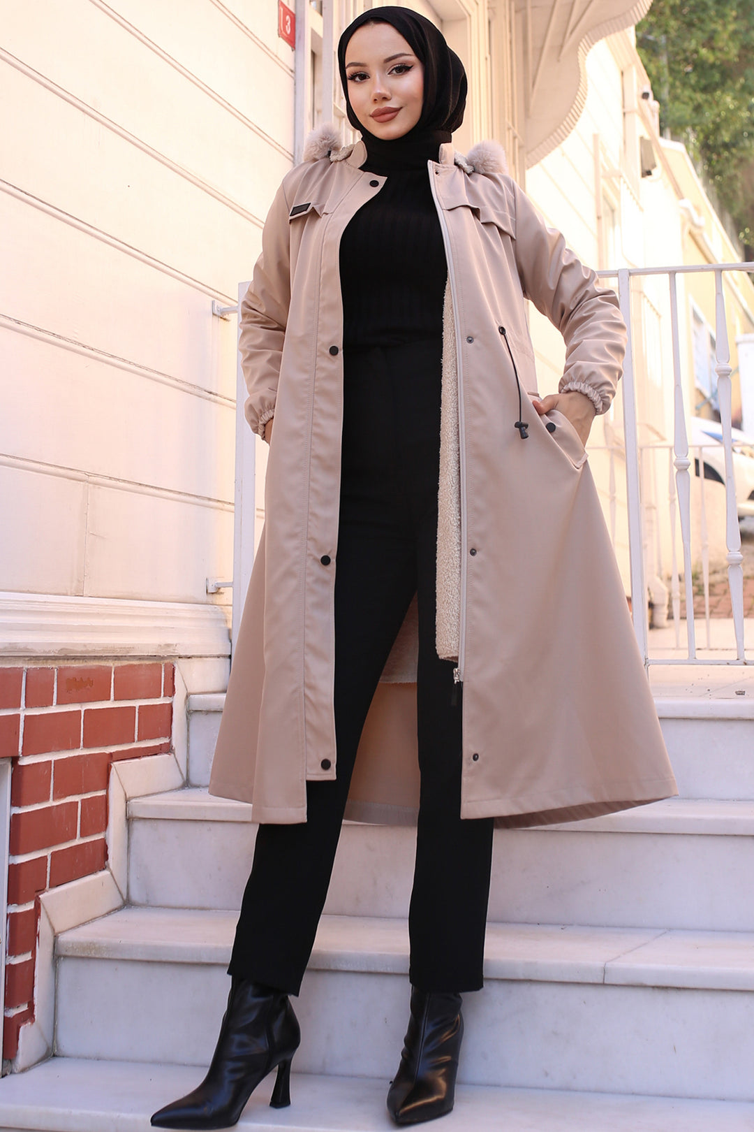 BNG Women Bonded Coat with Plush Lining and Fur Collar Cream - Olympia