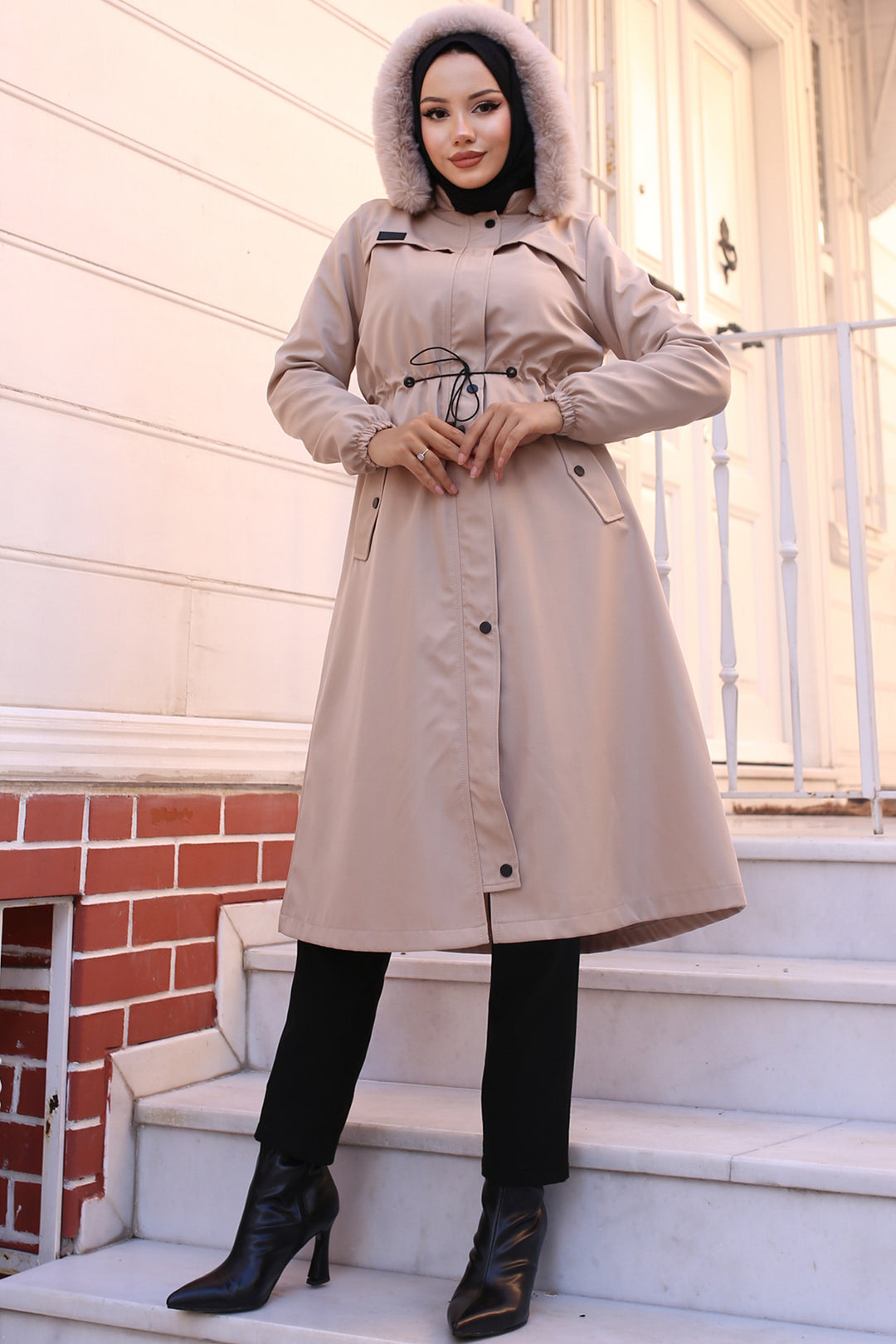 BNG Women Bonded Coat with Plush Lining and Fur Collar Cream - Olympia