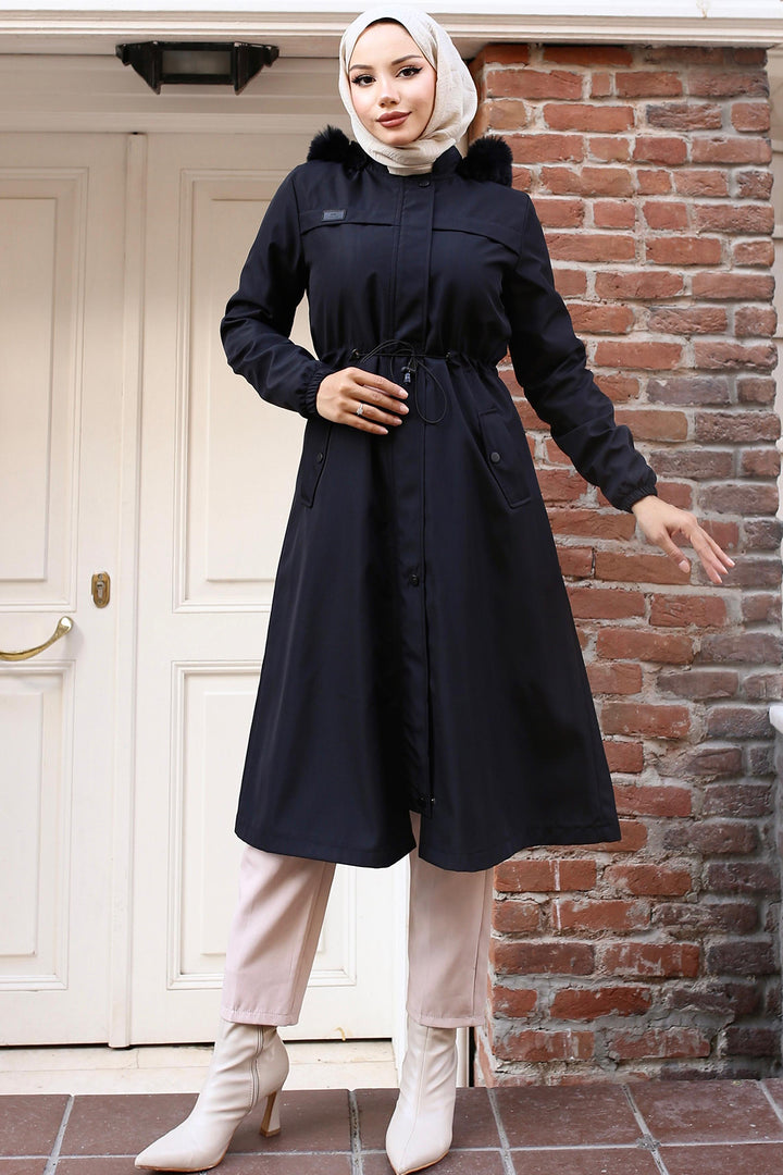 BNG Women Bonded Coat with Plush Lining and Fur Collar Black - Peoria