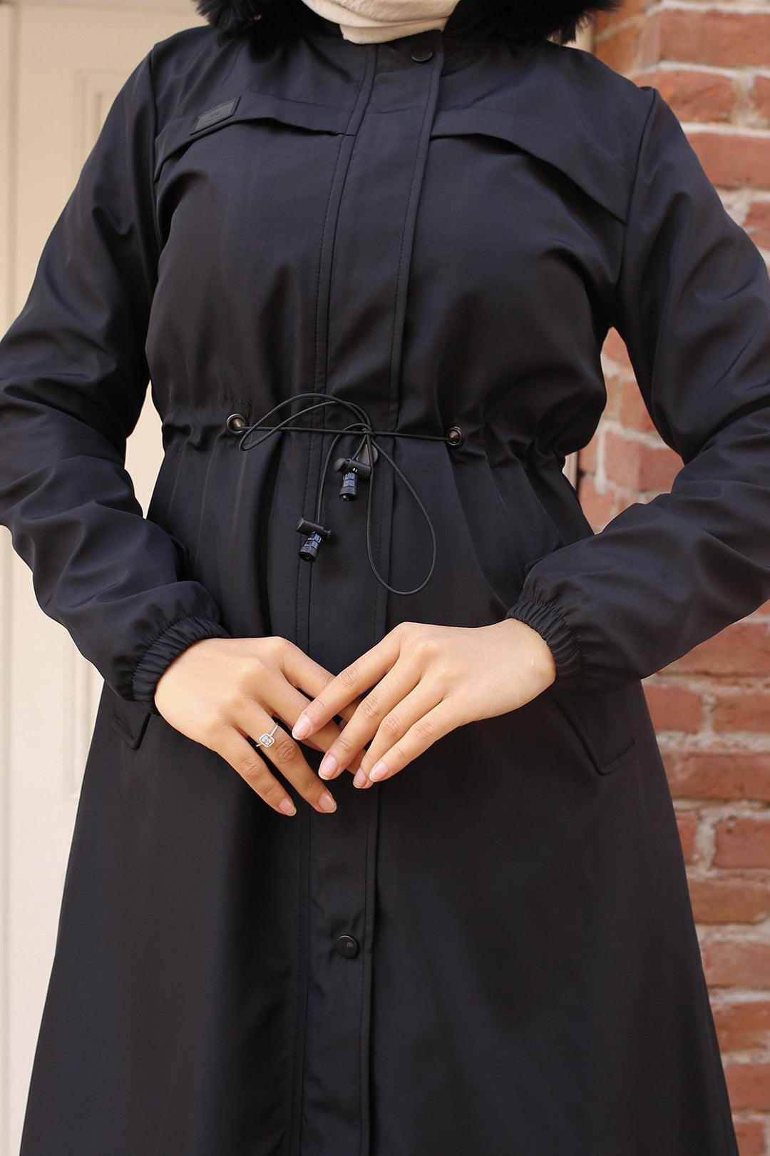 BNG Women Bonded Coat with Plush Lining and Fur Collar Black - Peoria