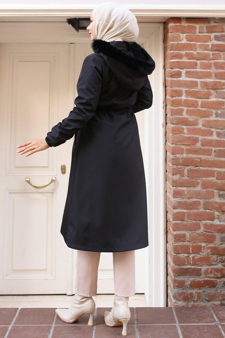 BNG Women Bonded Coat with Plush Lining and Fur Collar Black - Peoria
