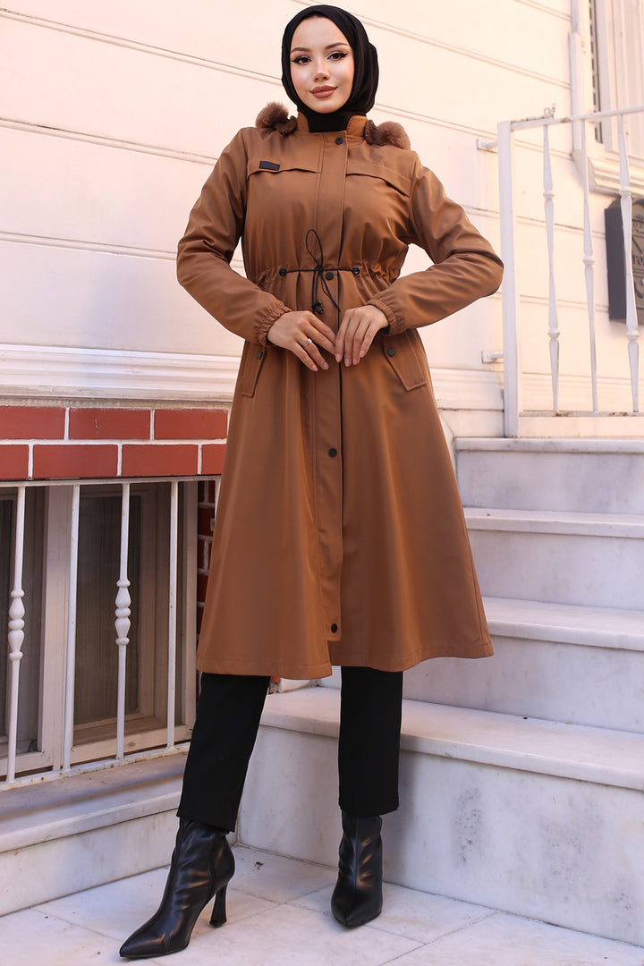BNG Women Bonded Coat with Plush Lining and Fur Collar in Tan - Kempten