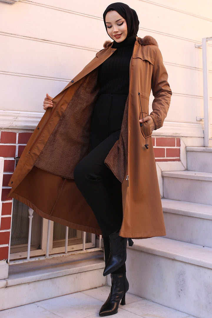 BNG Women Bonded Coat with Plush Lining and Fur Collar in Tan - Kempten