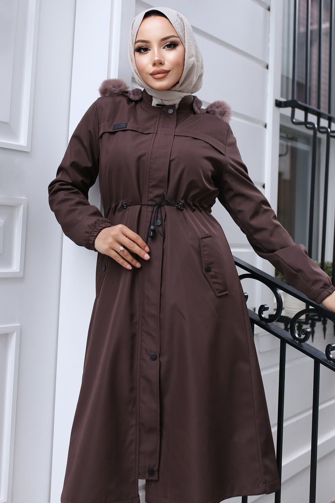 BNG Women Bonded Coat with Plush Lining and Fur Collar in Mink Color - Biloxi