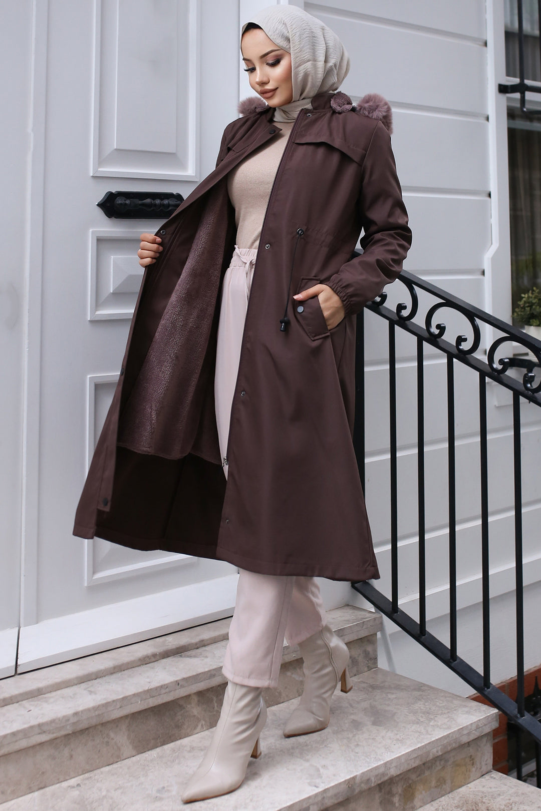 BNG Women Bonded Coat with Plush Lining and Fur Collar in Mink Color - Biloxi