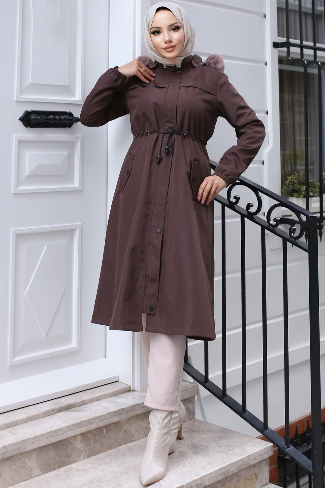 BNG Women Bonded Coat with Plush Lining and Fur Collar in Mink Color - Biloxi