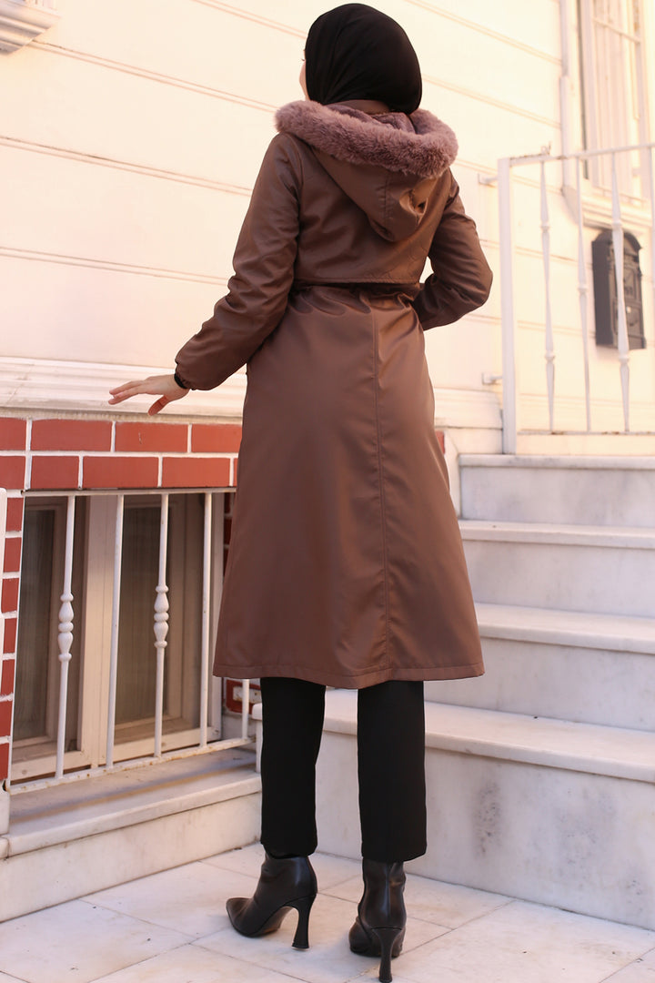 BNG Women Brown Bonded Jacket with Plush Lining and Fur Collar - Blainville