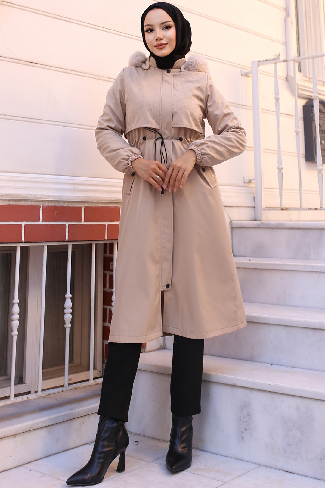 BNG Women Bonded Coat with Plush Lining and Fur Collar Cream - Podilsk
