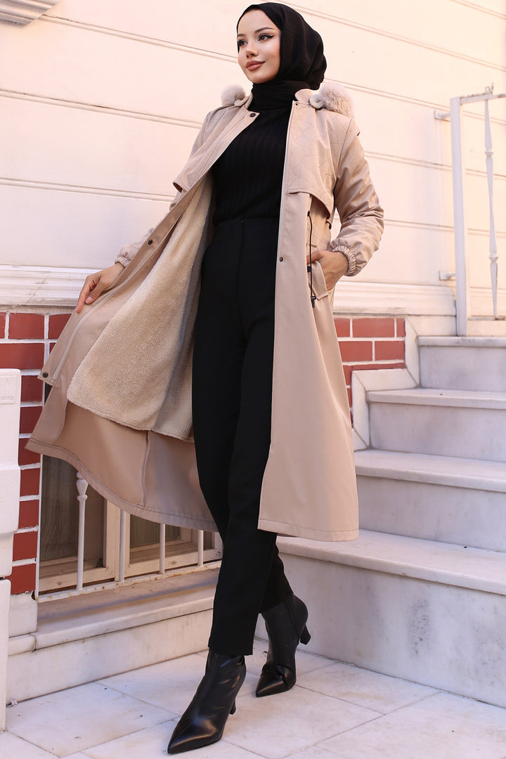 BNG Women Bonded Coat with Plush Lining and Fur Collar Cream - Podilsk