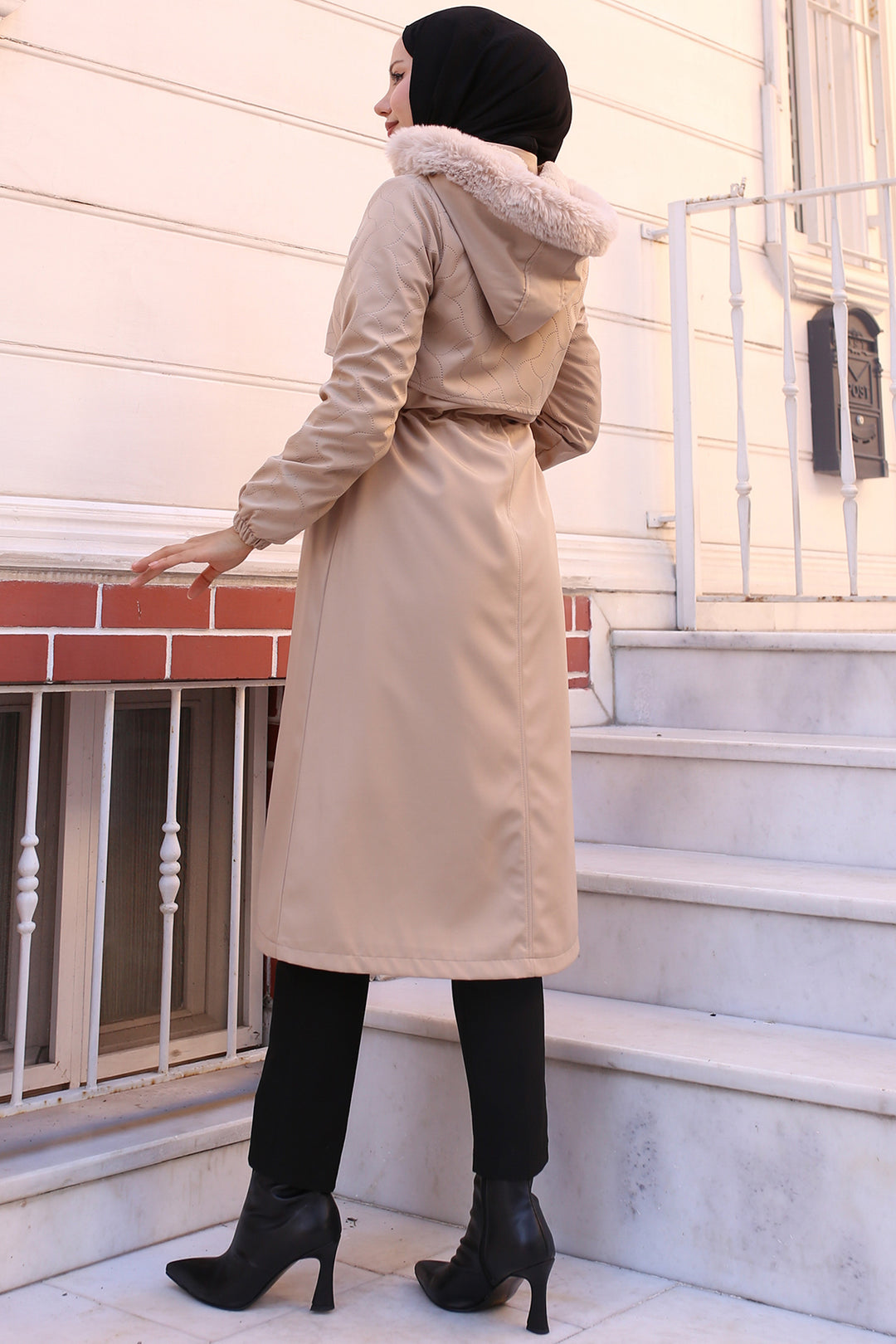 BNG Women Bonded Coat with Plush Lining and Fur Collar Cream - Podilsk