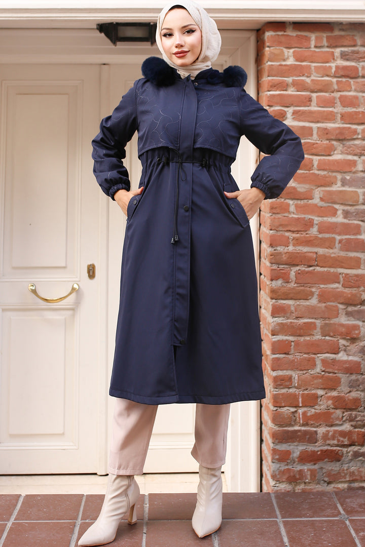 BNG Women Navy Bonded Jacket with Plush Lining and Fur Collar - Ameca