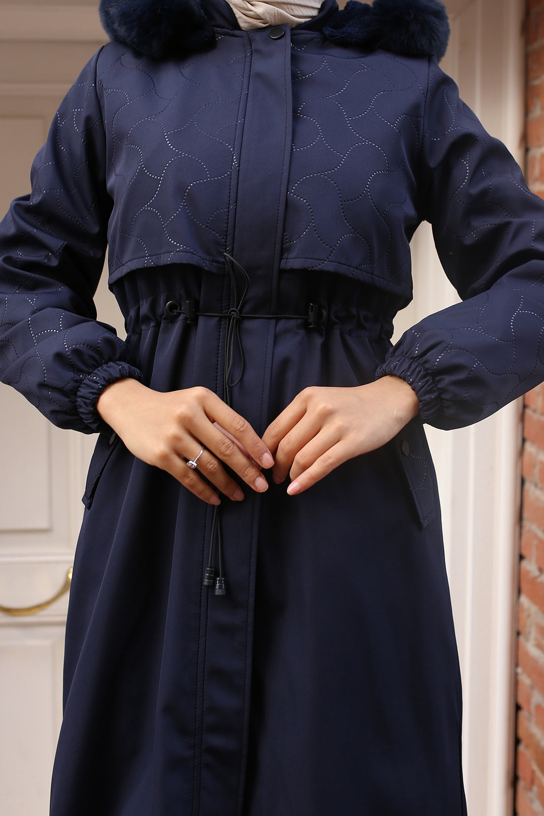 BNG Women Navy Bonded Jacket with Plush Lining and Fur Collar - Ameca