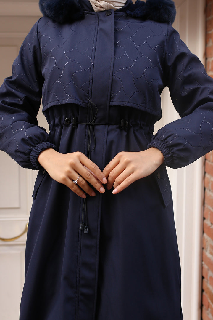 BNG Women Navy Bonded Jacket with Plush Lining and Fur Collar - Ameca