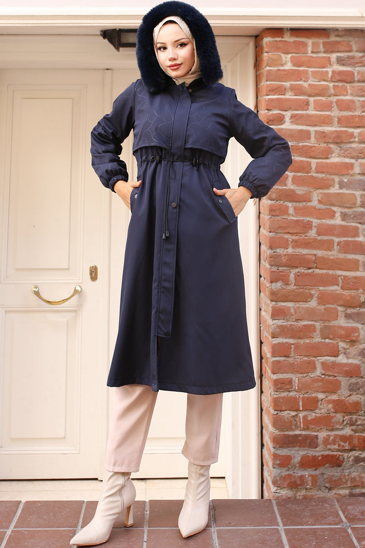 BNG Women Navy Bonded Jacket with Plush Lining and Fur Collar - Ameca