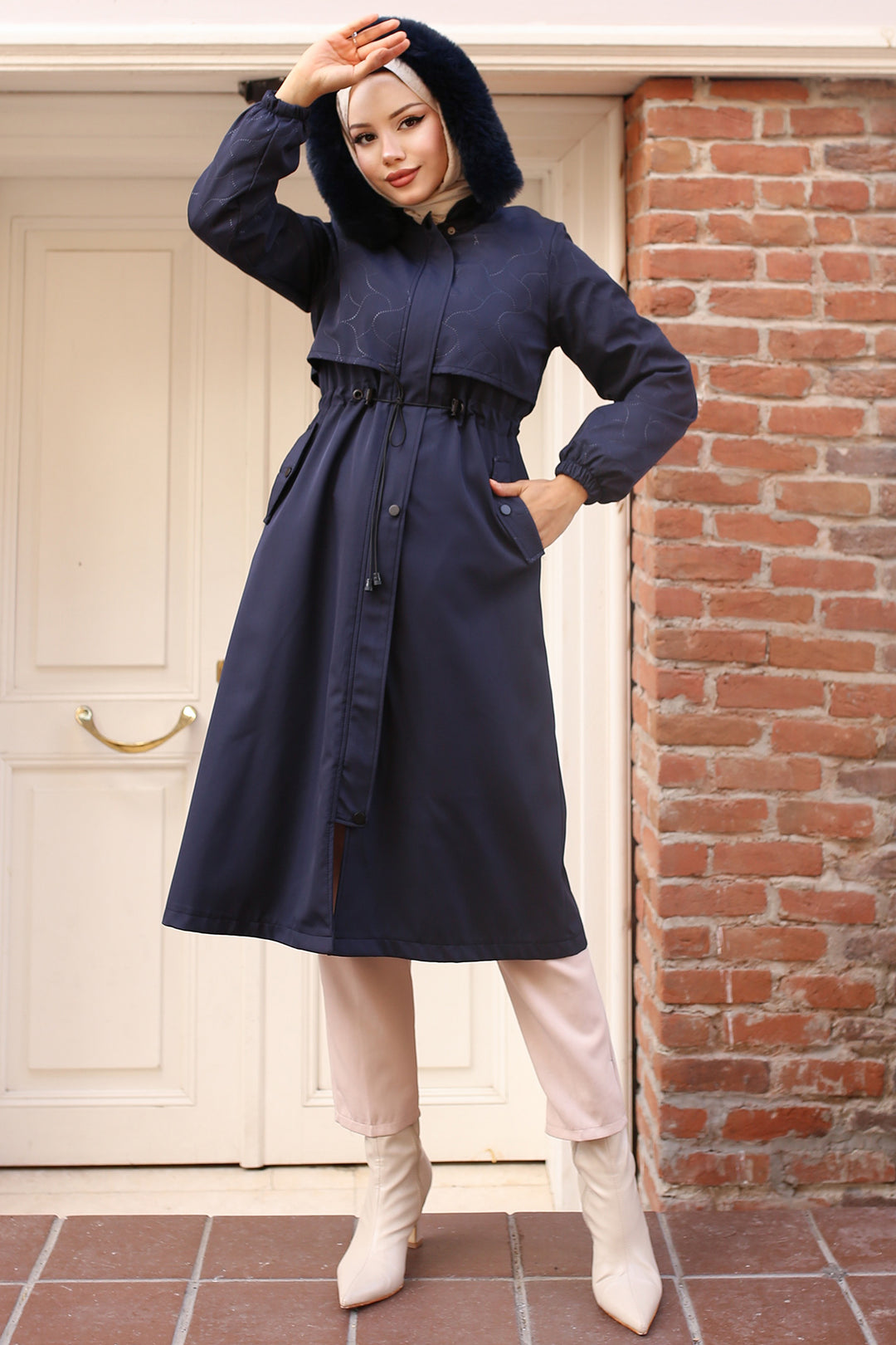BNG Women Navy Bonded Jacket with Plush Lining and Fur Collar - Ameca