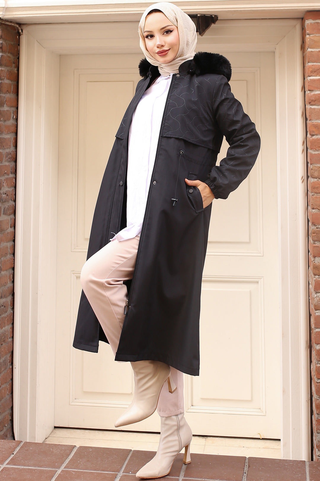 BNG Women Bonded Coat with Plush Lining and Fur Collar Black - Guaynabo