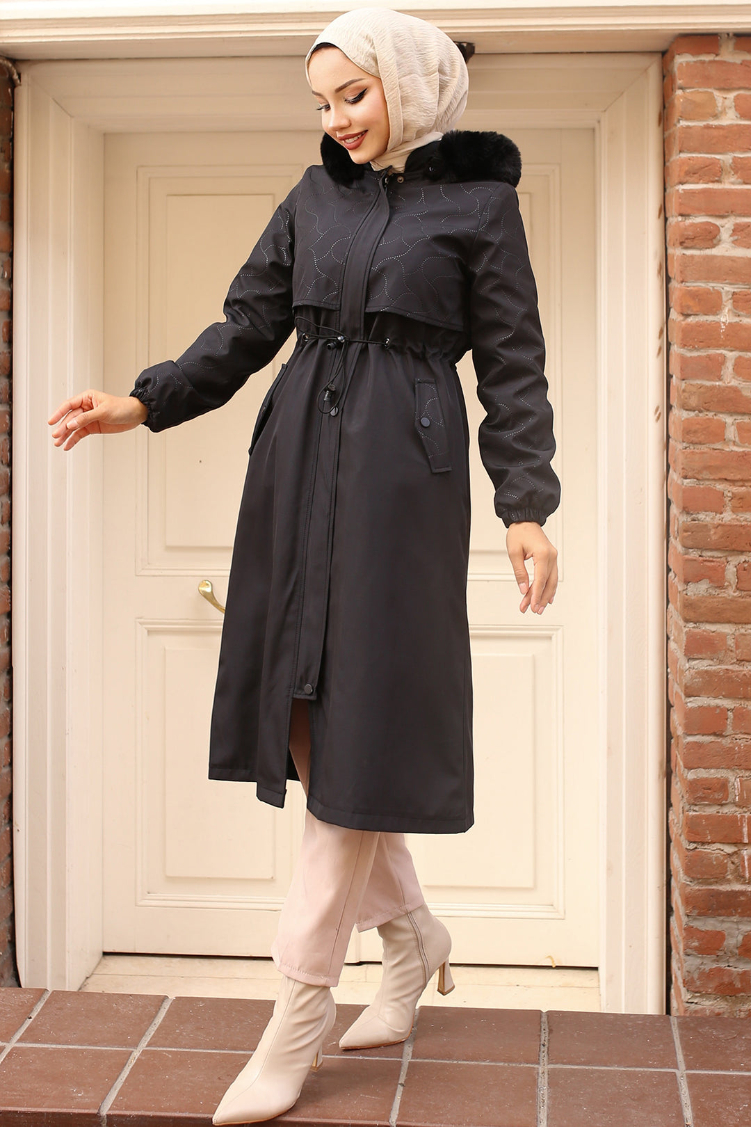 BNG Women Bonded Coat with Plush Lining and Fur Collar Black - Guaynabo