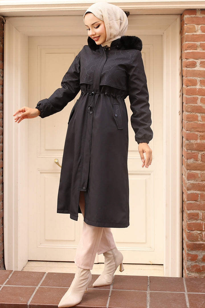 BNG Women Bonded Coat with Plush Lining and Fur Collar Black - Guaynabo