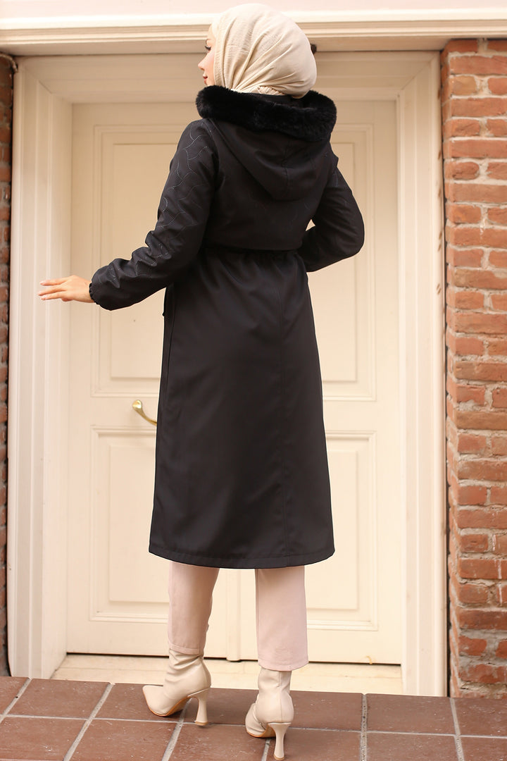 BNG Women Bonded Coat with Plush Lining and Fur Collar Black - Guaynabo