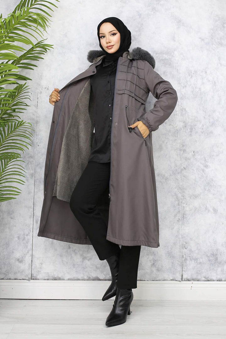 BNG Women Plush-lined Fur Collar Bonded Coat Anthracite 1101 - Xico
