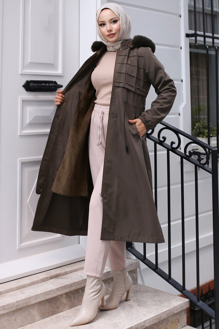 BNG Women Fur Collar Bonded Jacket with Plush Lining Khaki - Uxbridge