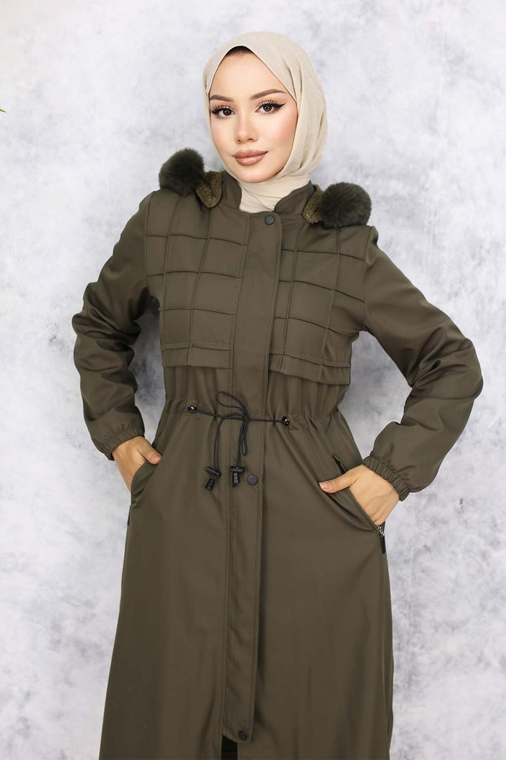 BNG Women Fur Collar Bonded Jacket with Plush Lining Khaki - Uxbridge