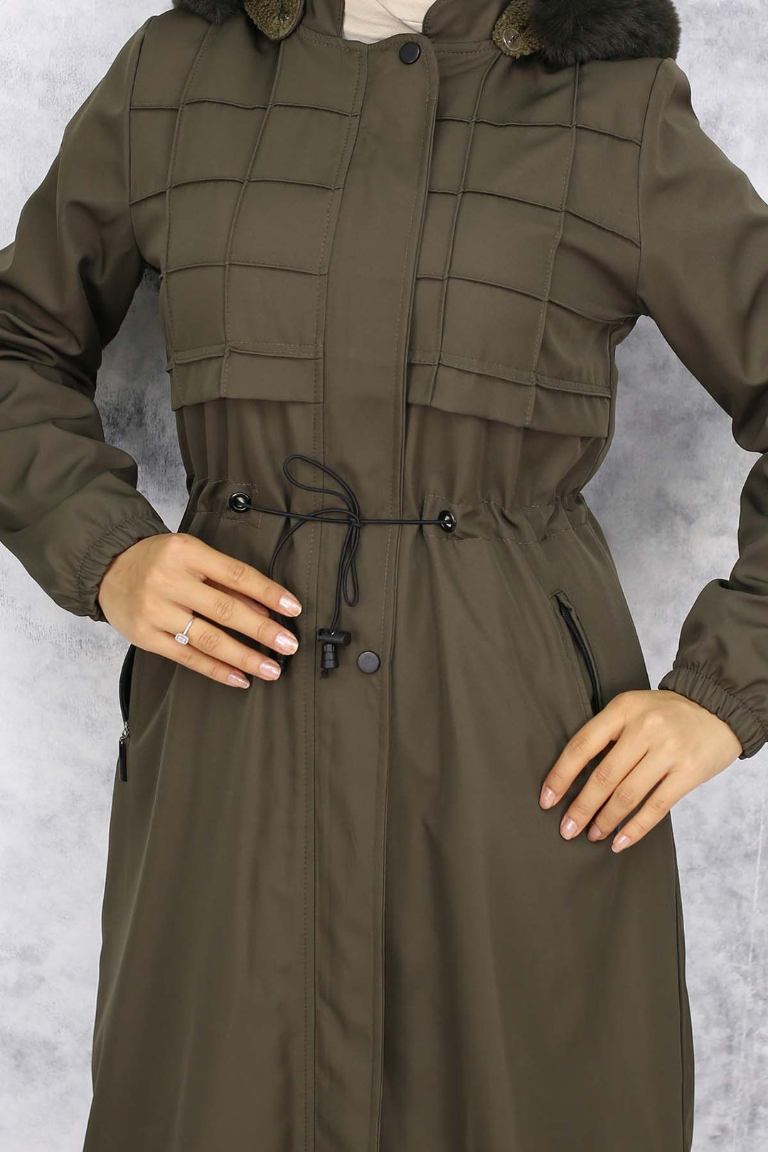 BNG Women Fur Collar Bonded Jacket with Plush Lining Khaki - Uxbridge