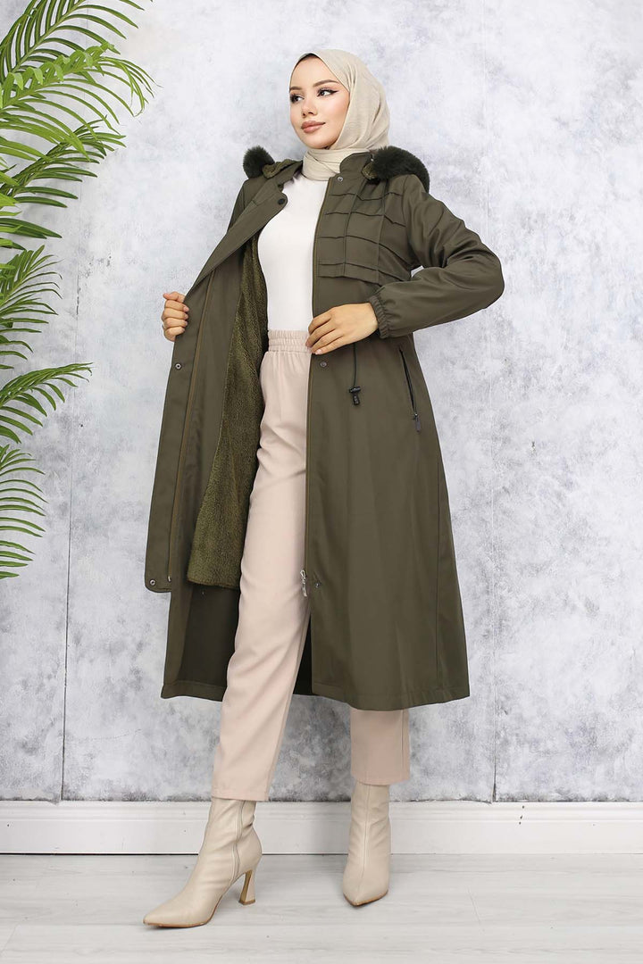 BNG Women Fur Collar Bonded Jacket with Plush Lining Khaki - Uxbridge