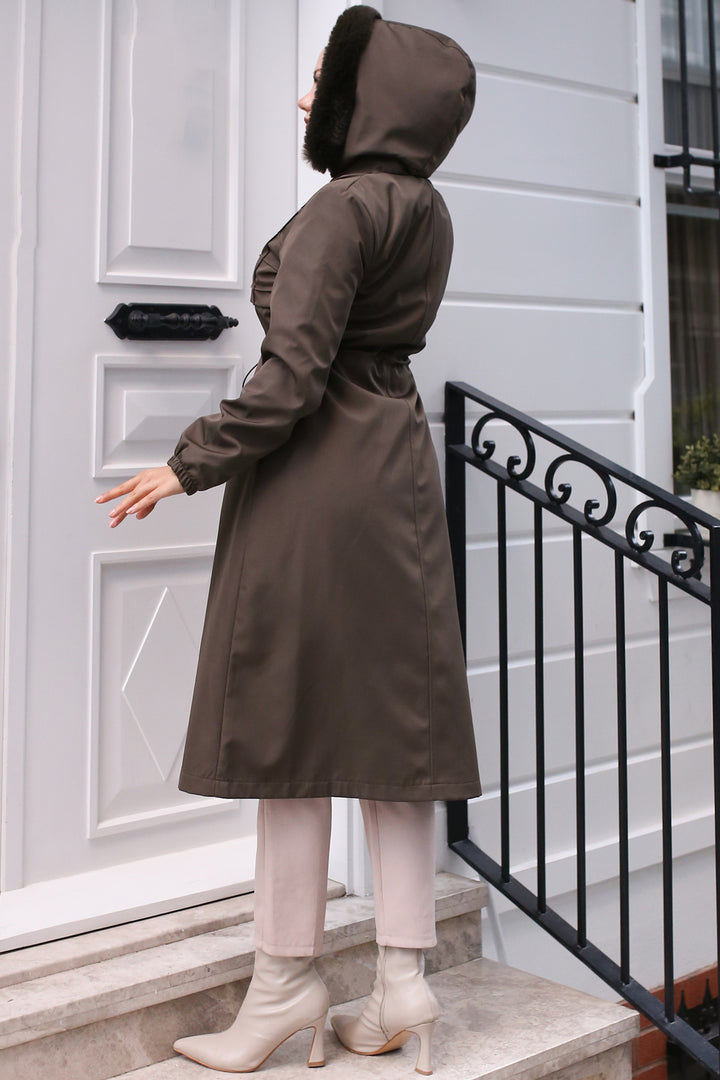 BNG Women Fur Collar Bonded Jacket with Plush Lining Khaki - Uxbridge