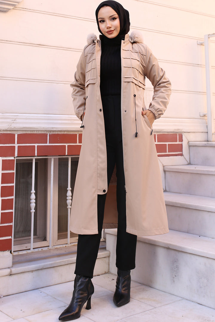 BNG Women Bonded Coat with Plush Lining and Fur Collar Cream - Bragadiru