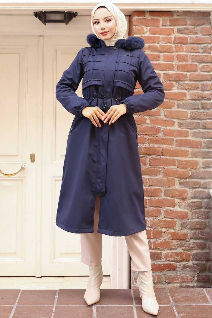BNG Women Navy Bonded Jacket with Plush Lining and Fur Collar - Laindon