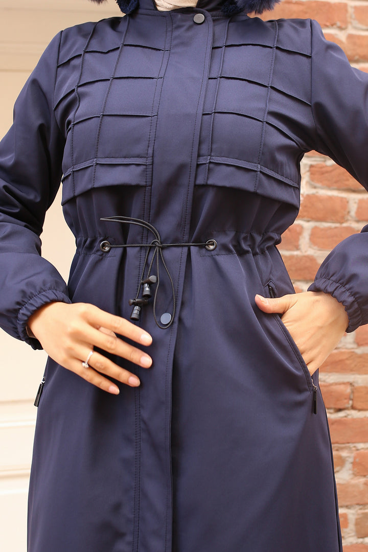 BNG Women Navy Bonded Jacket with Plush Lining and Fur Collar - Laindon