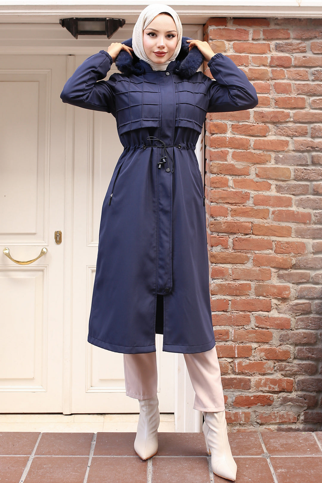 BNG Women Navy Bonded Jacket with Plush Lining and Fur Collar - Laindon