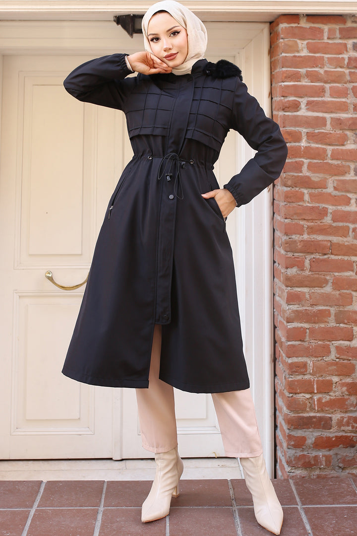 BNG Women Bonded Coat with Plush Lining and Fur Collar Black - Haverford