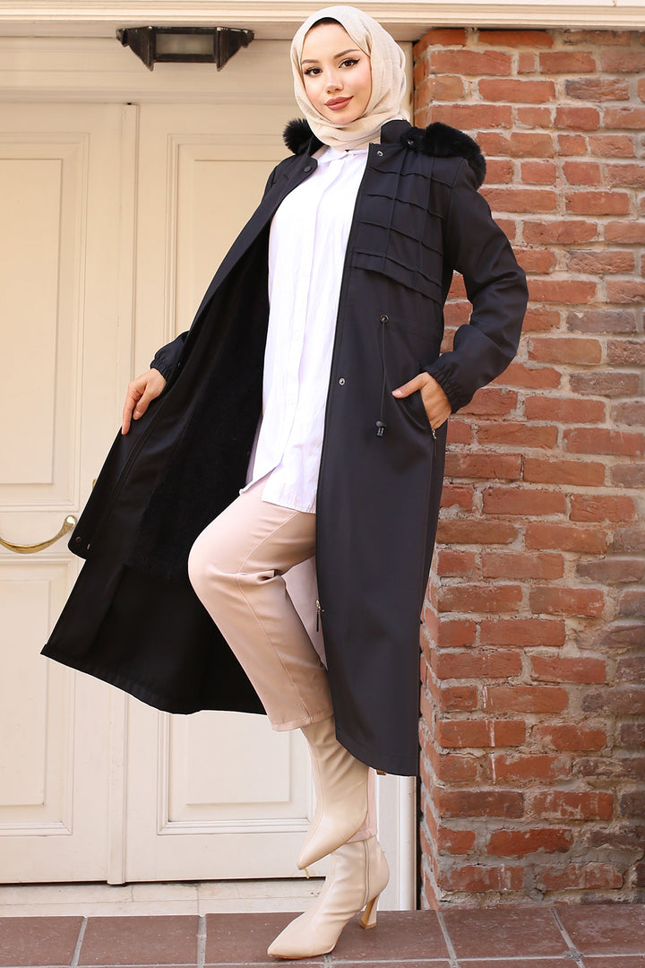 BNG Women Bonded Coat with Plush Lining and Fur Collar Black - Haverford