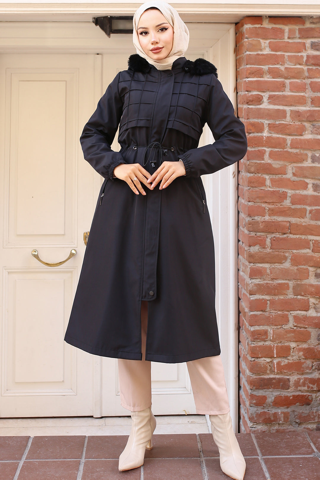 BNG Women Bonded Coat with Plush Lining and Fur Collar Black - Haverford