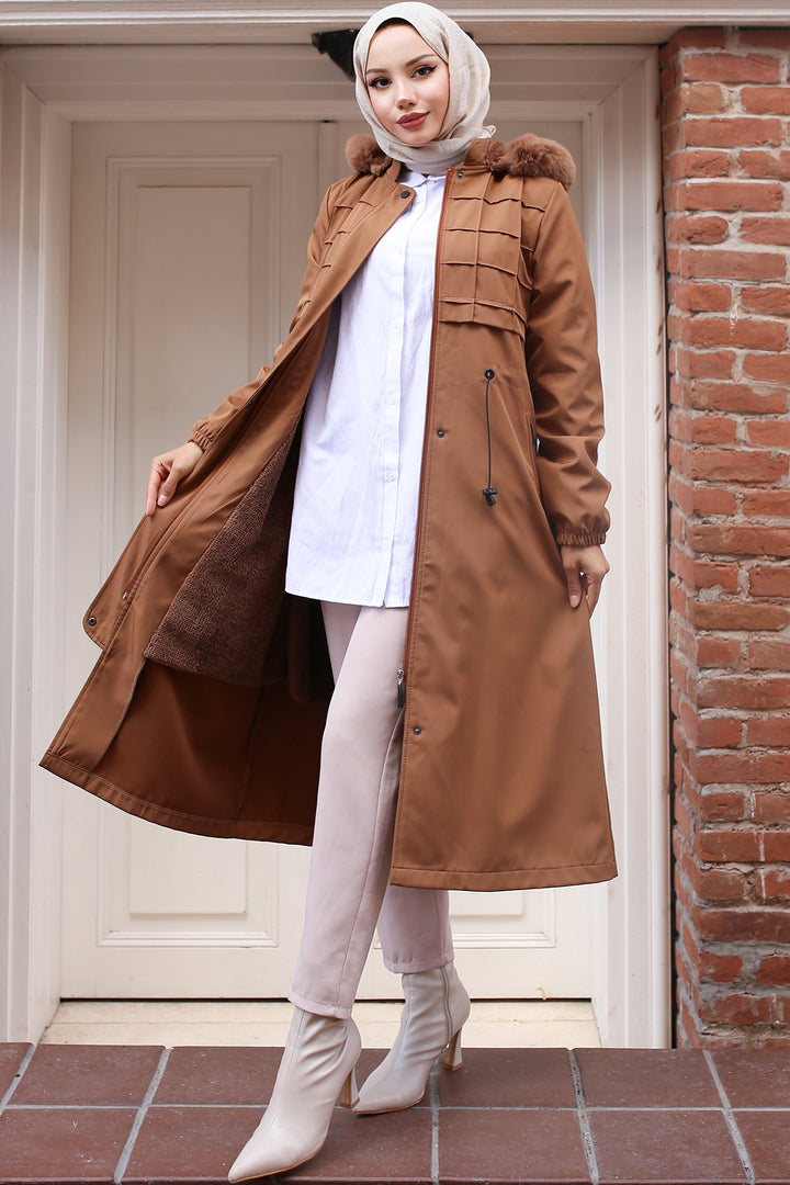 BNG Women Bonded Coat with Plush Lining and Fur Collar Tabacco - El Dorado Hills