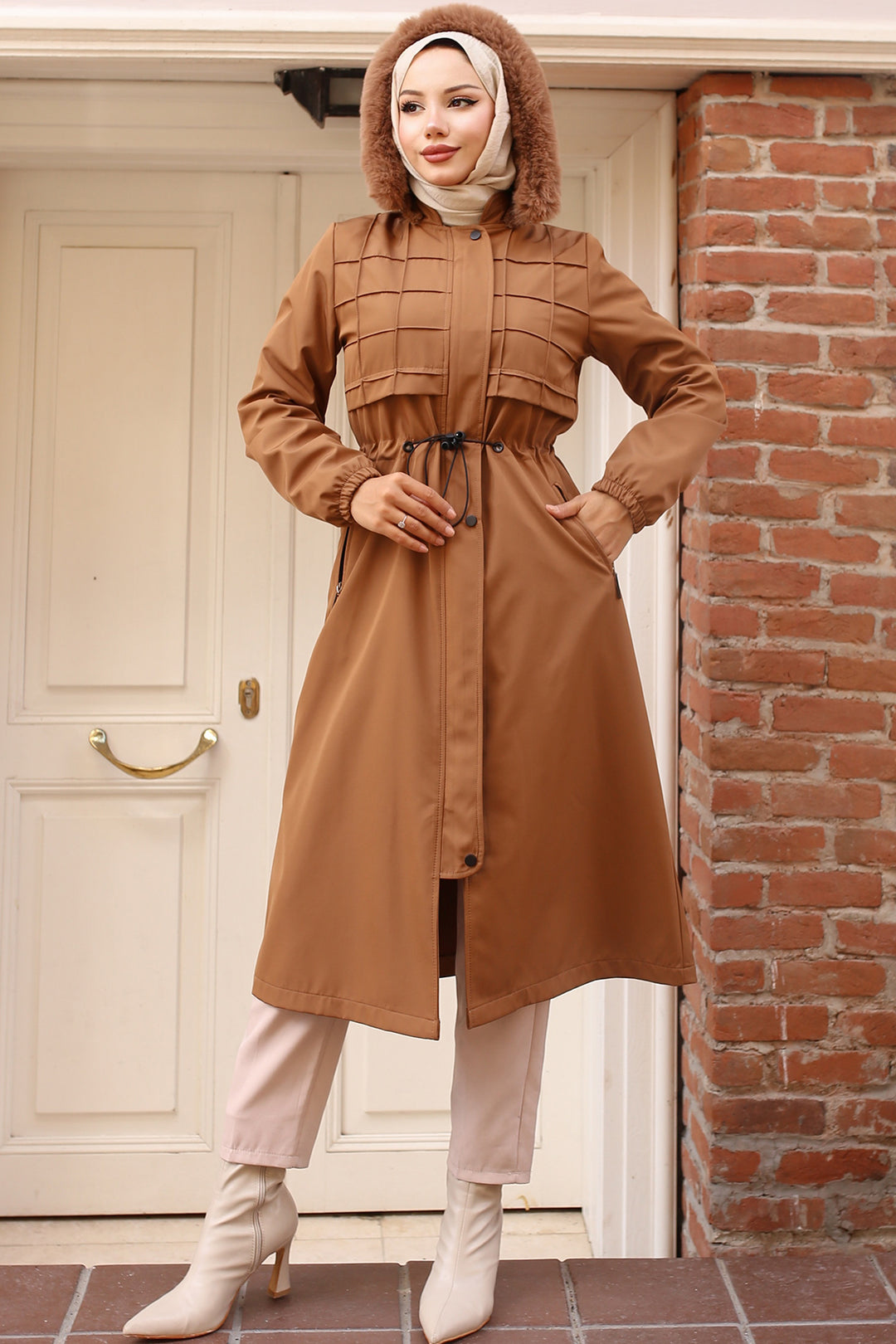BNG Women Bonded Coat with Plush Lining and Fur Collar Tabacco - El Dorado Hills