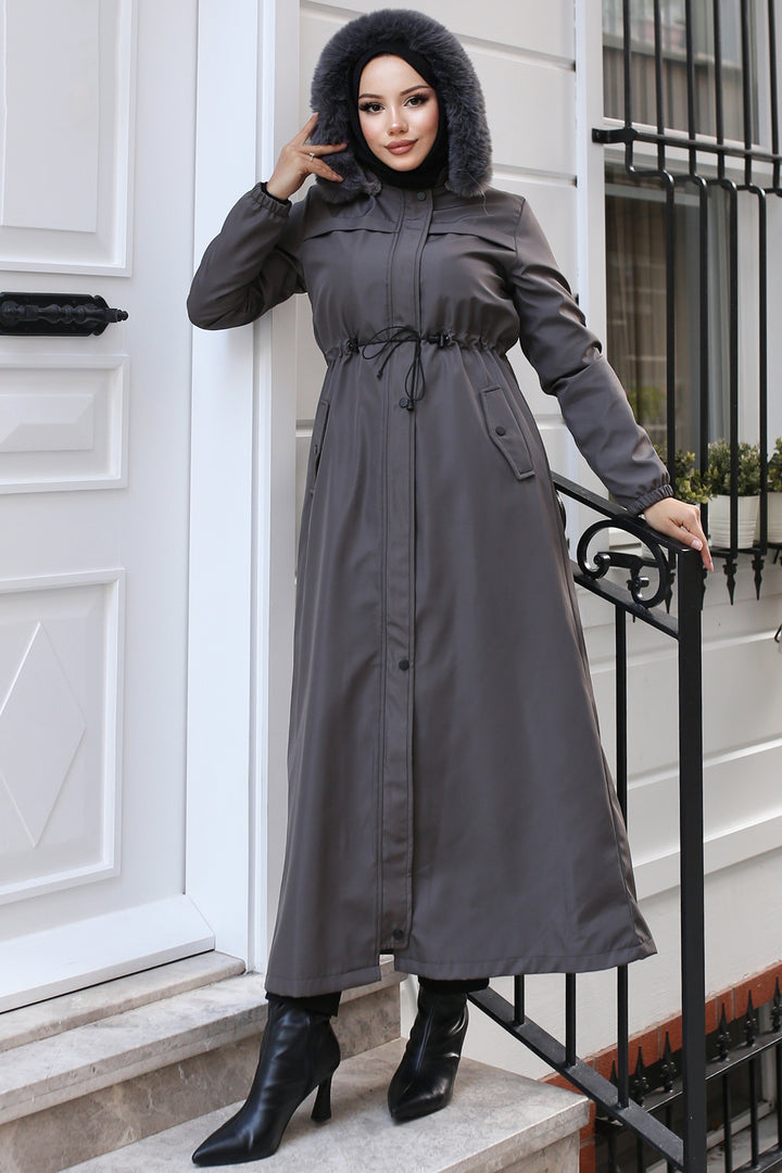 BNG Women Antracite Long Bonded Coat with Plush Lining and Fur Collar - Pikesville