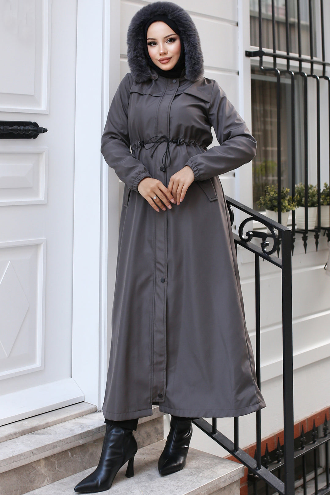 BNG Women Antracite Long Bonded Coat with Plush Lining and Fur Collar - Pikesville