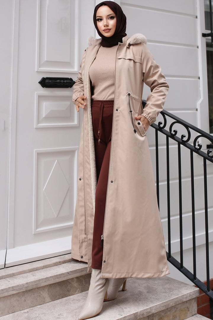 BNG Women Beige Long Bonded Coat with Plush Interior and Fur Collar - Eccles