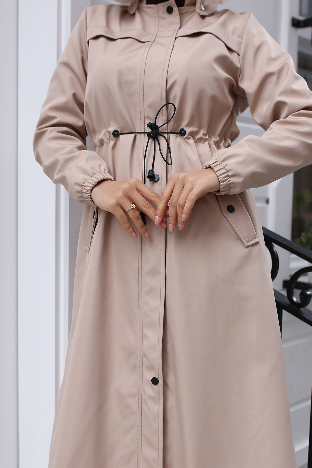 BNG Women Beige Long Bonded Coat with Plush Interior and Fur Collar - Eccles