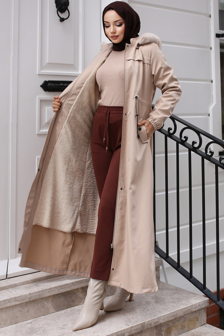 BNG Women Beige Long Bonded Coat with Plush Interior and Fur Collar - Eccles