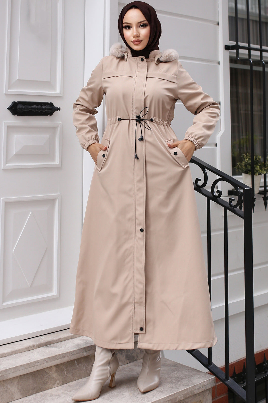 BNG Women Beige Long Bonded Coat with Plush Interior and Fur Collar - Eccles