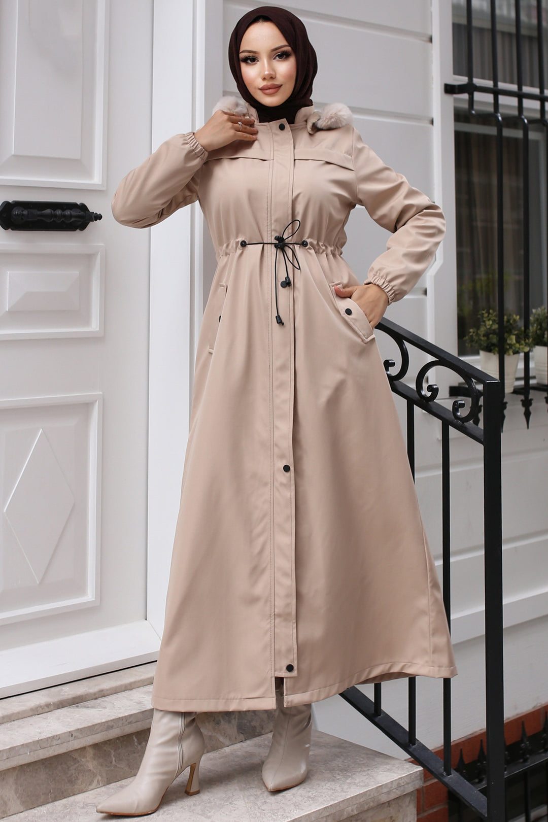 BNG Women Beige Long Bonded Coat with Plush Interior and Fur Collar - Eccles