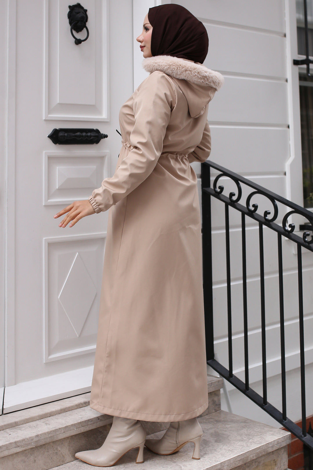 BNG Women Beige Long Bonded Coat with Plush Interior and Fur Collar - Eccles