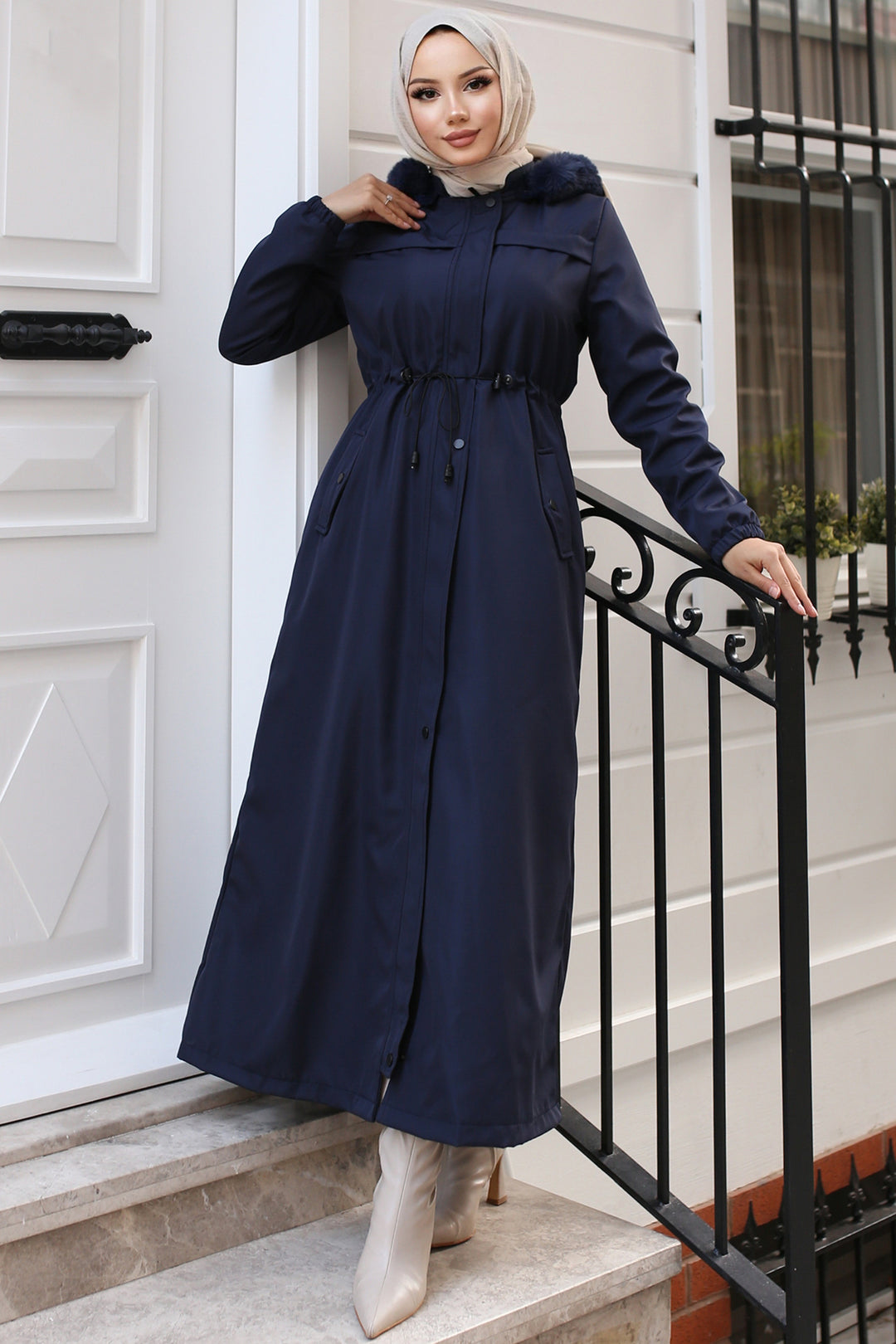 BNG Women Navy Blue Long Bonded Coat with Plush Interior and Fur Collar - Noisy-le-Grand