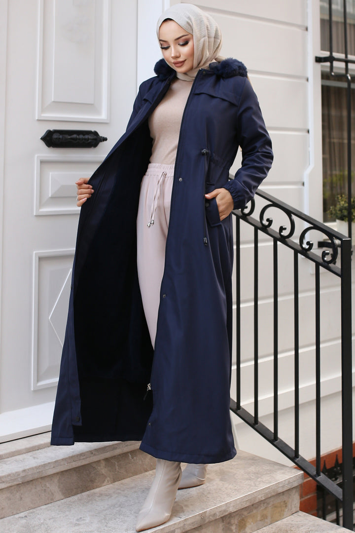 BNG Women Navy Blue Long Bonded Coat with Plush Interior and Fur Collar - Noisy-le-Grand