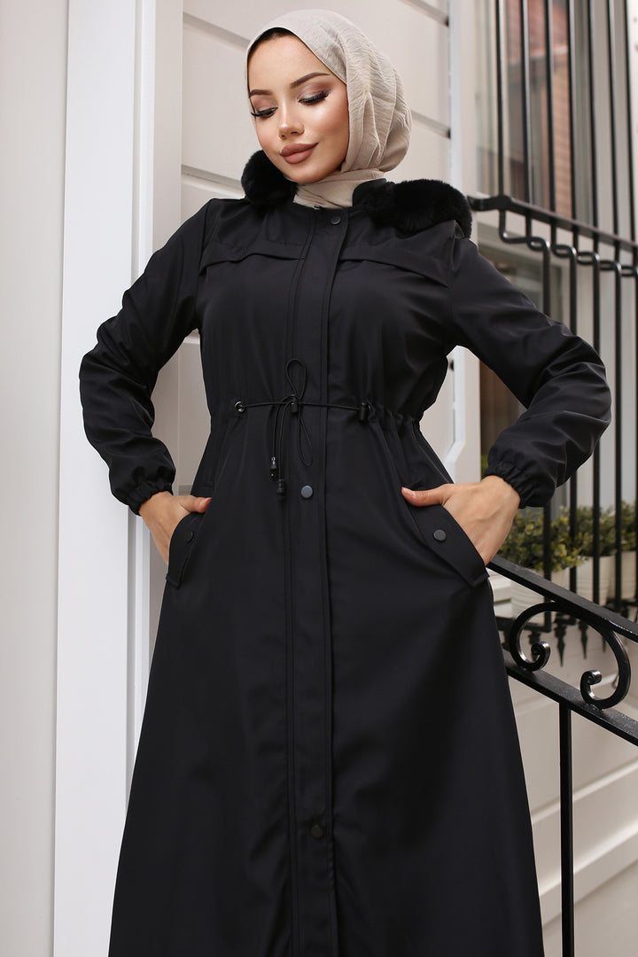 BNG Women Long Bonded Coat with Plush Lining and Fur Collar Black - Herten