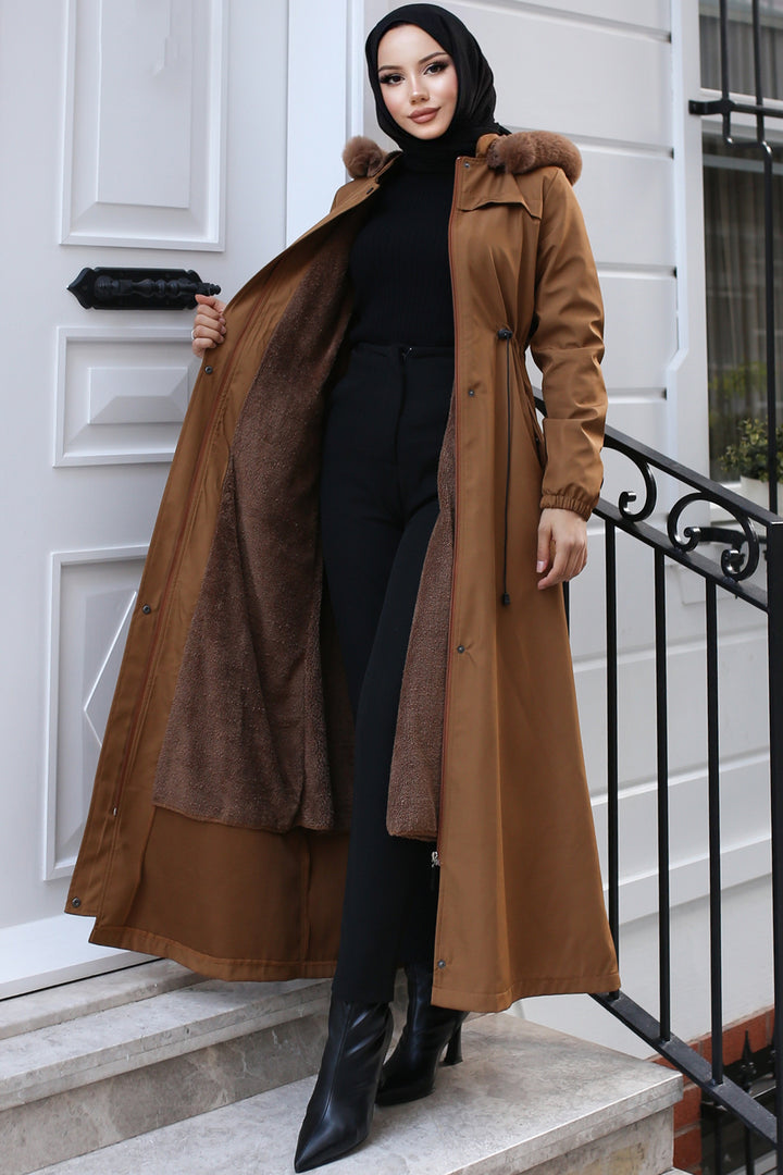 BNG Women Fur Collar Long Bonded Coat with Plush Lining Beige - Sydney